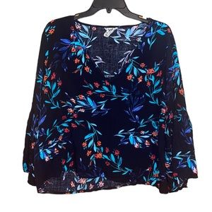 •JAASE•BLACK MULTICOLORED FLORAL BELL SLEEBE 100% RAYON VNECK BLOUSE SIZE LARGE